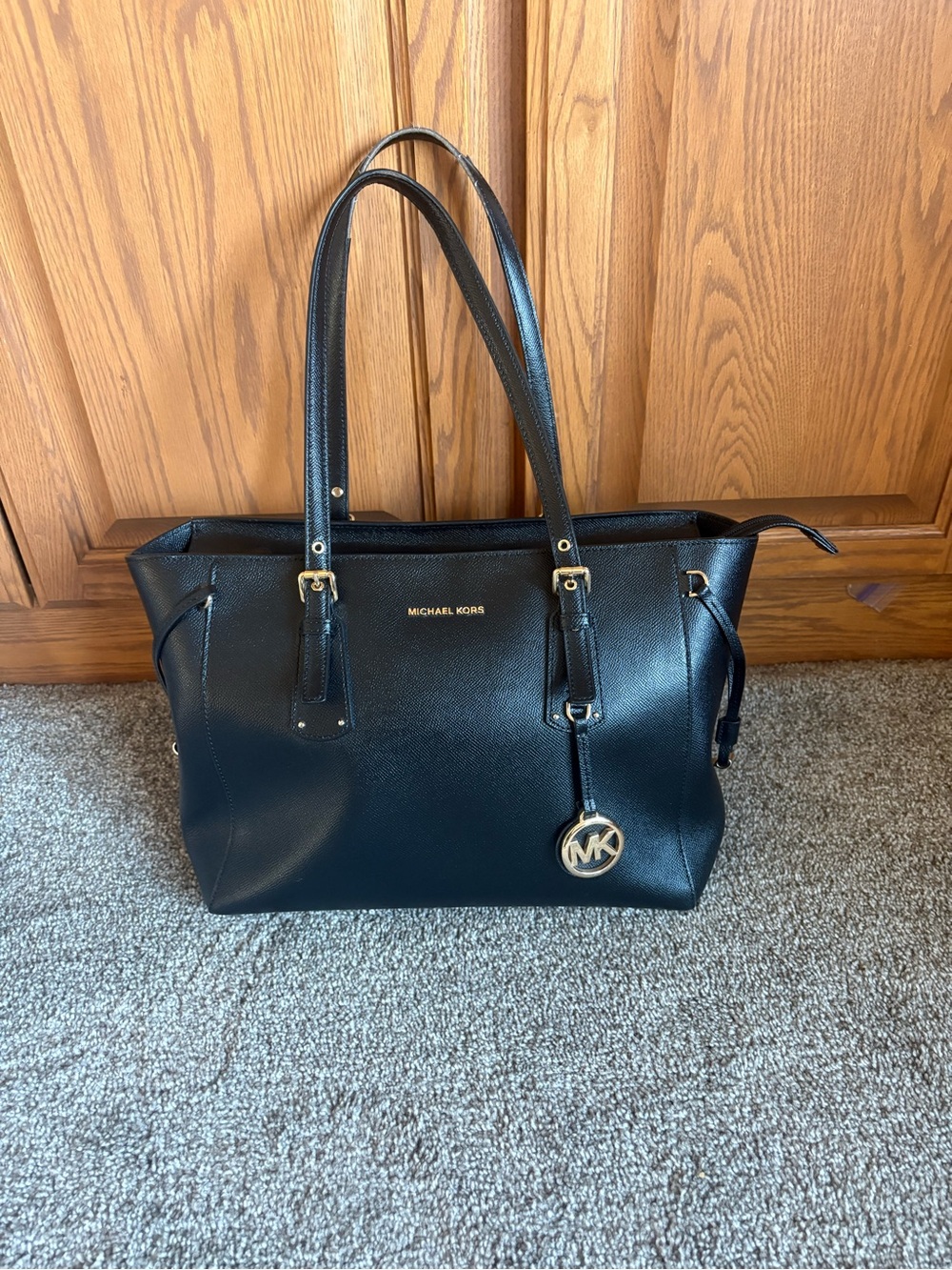 Michael Kors Black Pebbled Leather Tote with Gold MK Charm